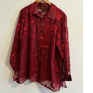 Ashley Stewart Women Lace Mockneck Blouse Size 18/20 Sheer Red